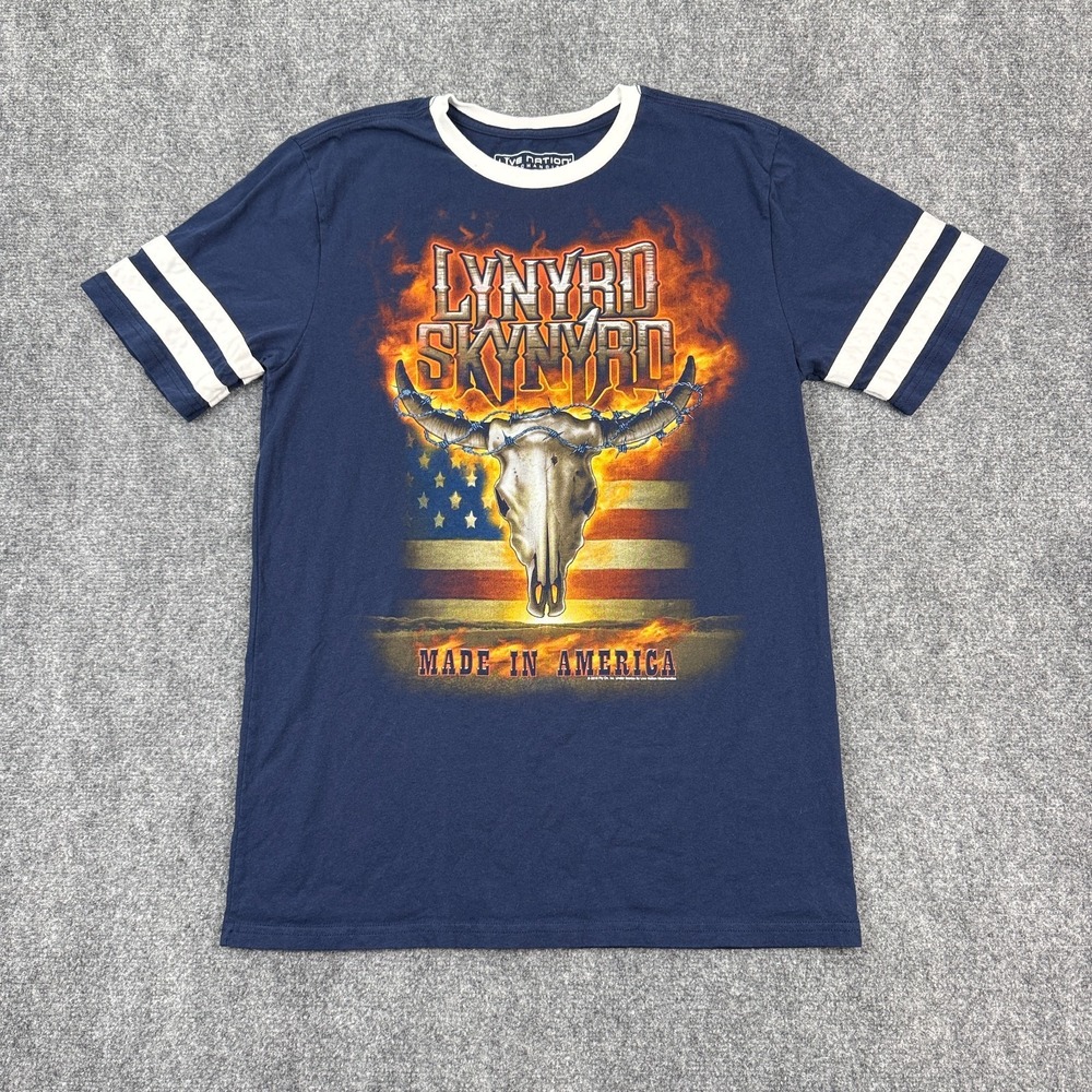 Lynyrd Skynyrd T Shirt Mens Large Made In America Navy Ringer Band Tee Cow Skull
